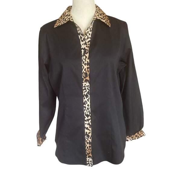 Chico's Tops - Chico's women's size 0 black and leopard print long sleeve button down blouse